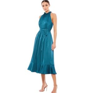 NWT Ieena Mac Duggal Peacock 26633 Ruffle Neck Midi Dress Size 14 Reg. $348